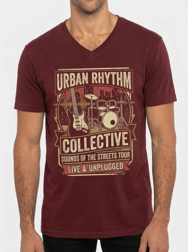 Men's Music Lover Urban Rhythm Guitar Drum Printed V-Neck T-shirt