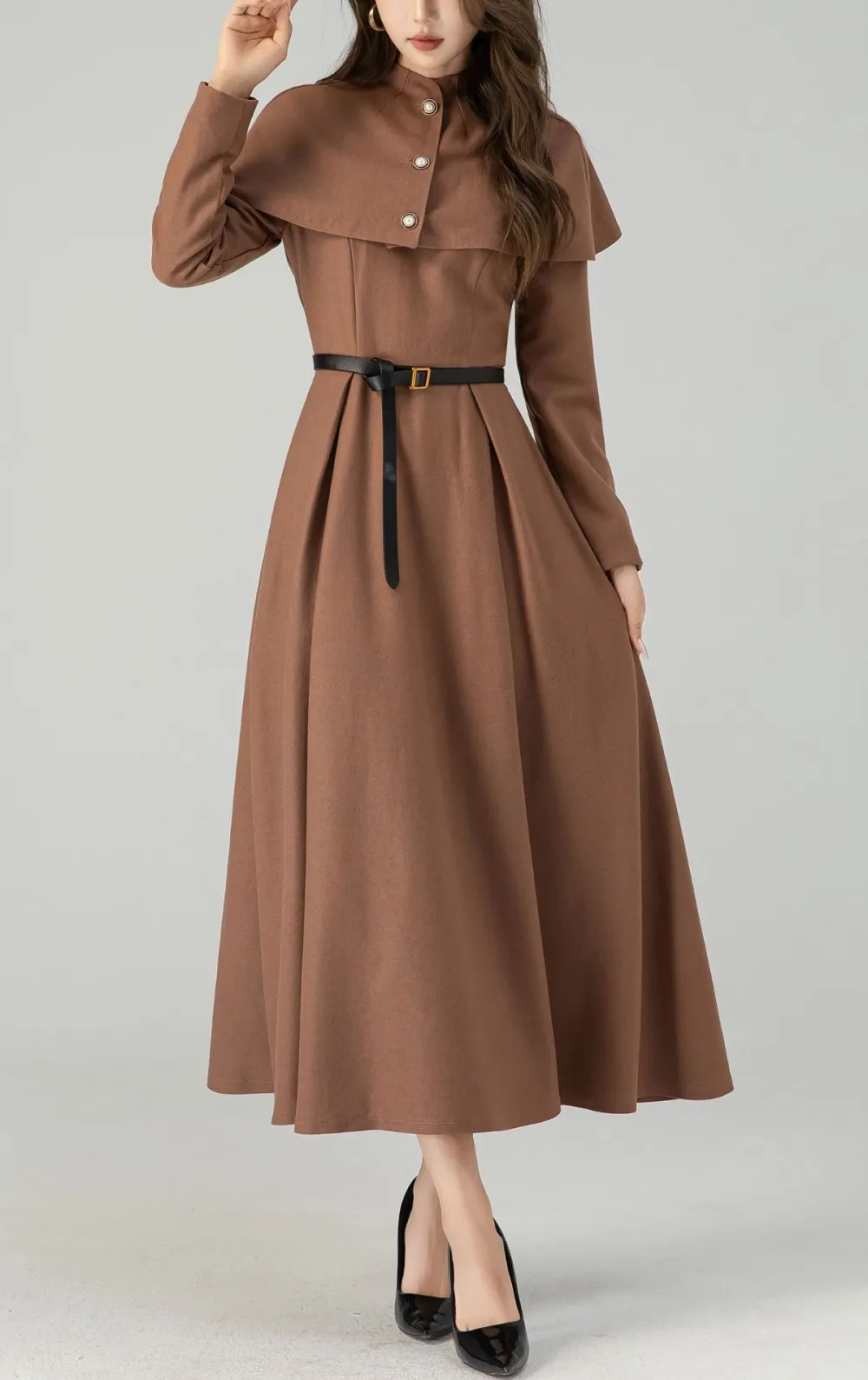 Wool Blend Swing Long Sleeve Midi Dress