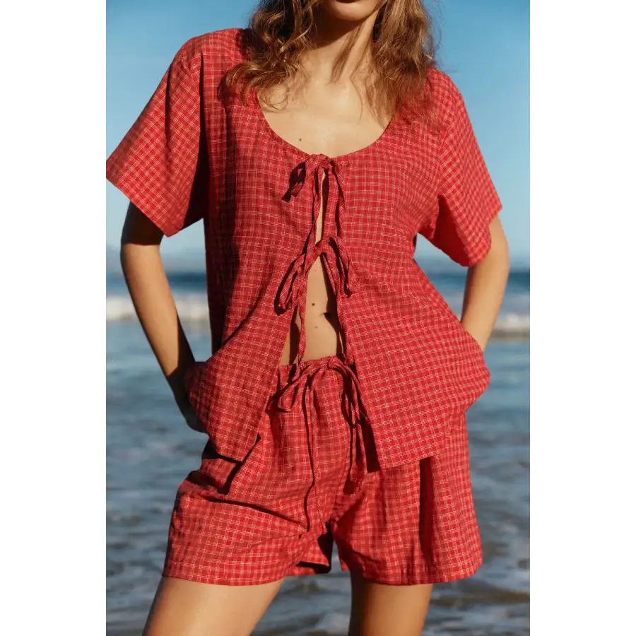 Plaid Tied Scoop Neck Short Sleeve Top and Drawstring Shorts Set