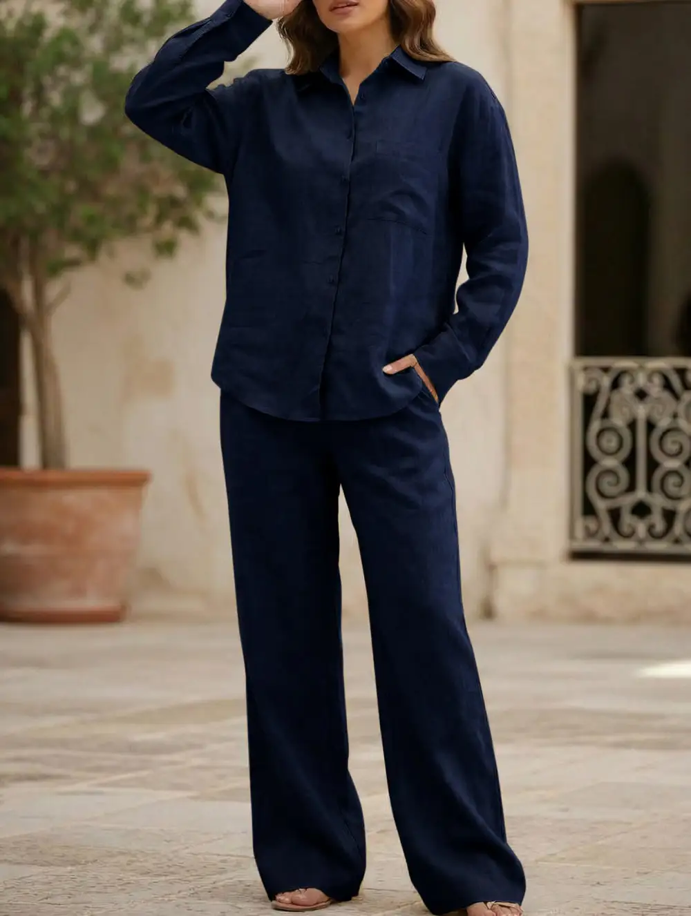 Shirt and Loose Wide-Leg Pants Suit