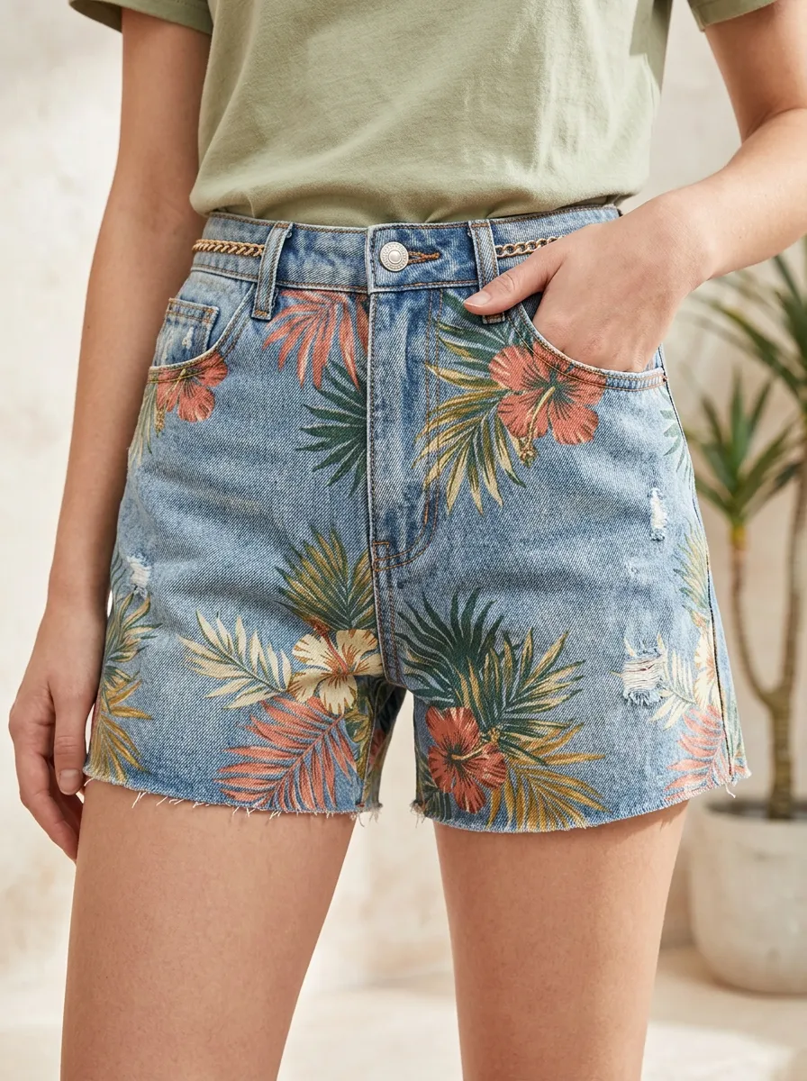 Women's Tropical Beach Lover Hibiscus Palm Leaf Printed Denim Shorts
