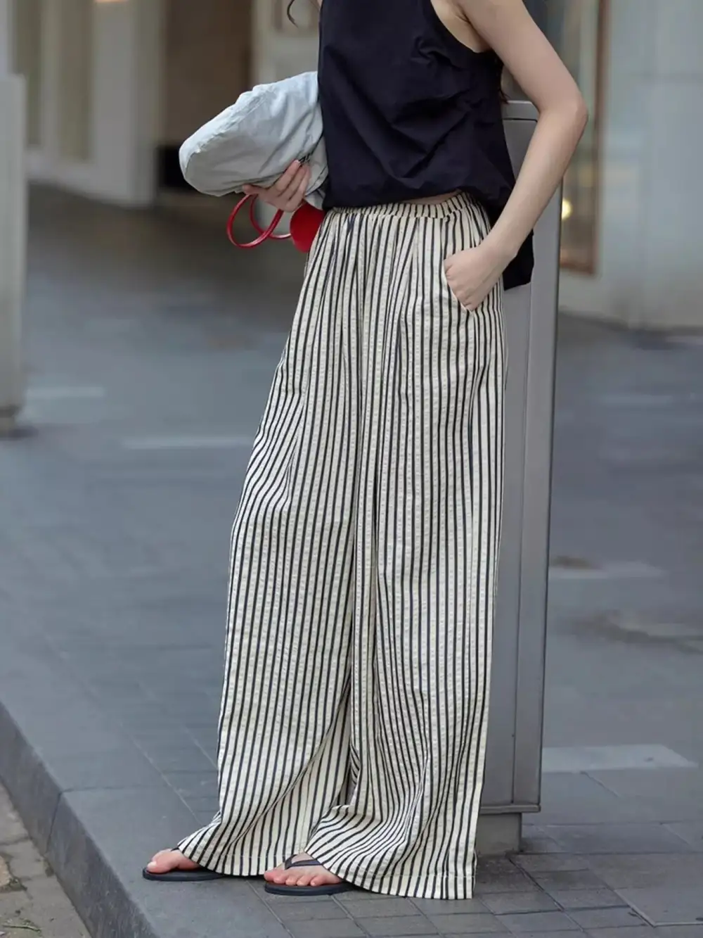 Wide Leg Drawstring Striped Pocketed Pants