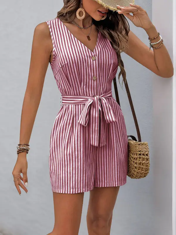 V Neck Sleeveless Striped Jumpsuit