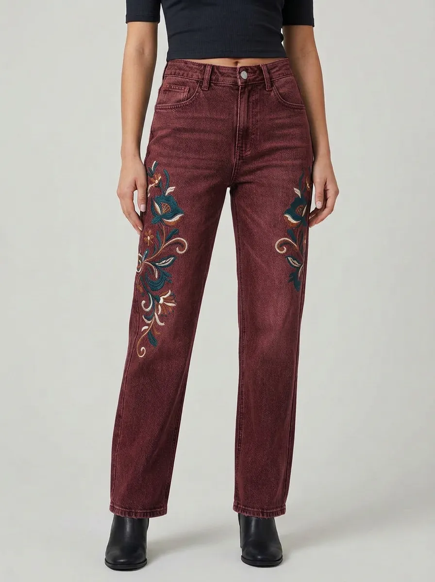 Women's Grey Cactus Floral Embroidered High-Rise Straight Leg Jeans