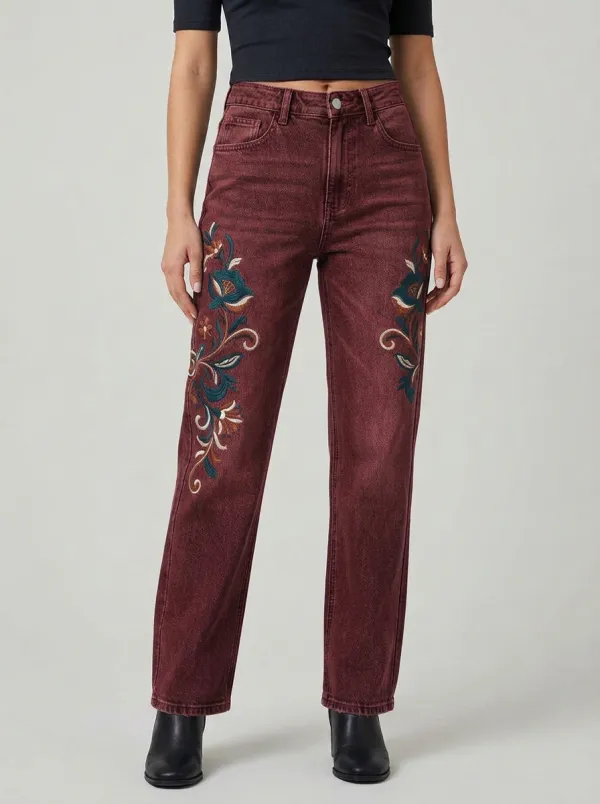 Women's Grey Cactus Floral Embroidered High-Rise Straight Leg Jeans