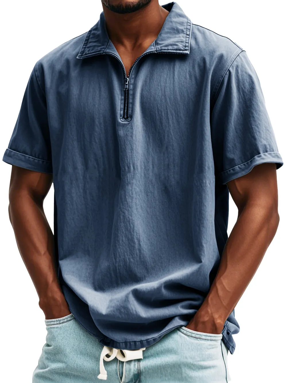 Relaxed Short Sleeve Stand Collar Zip Front Shirt