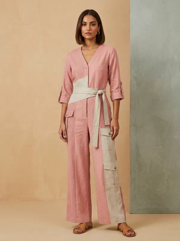 Women's Colorblock Cargo Pocket Belted Jumpsuit