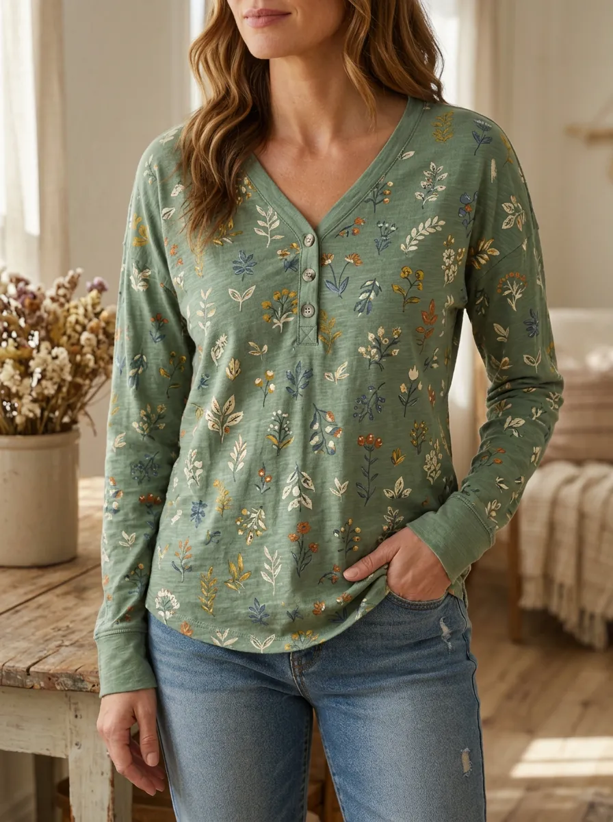 Women's Botanical Nature Lover Floral Printed Henley Shirt
