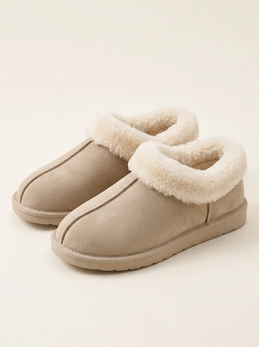 Warm Layer Faux Fur Lined Suede Look Slippers