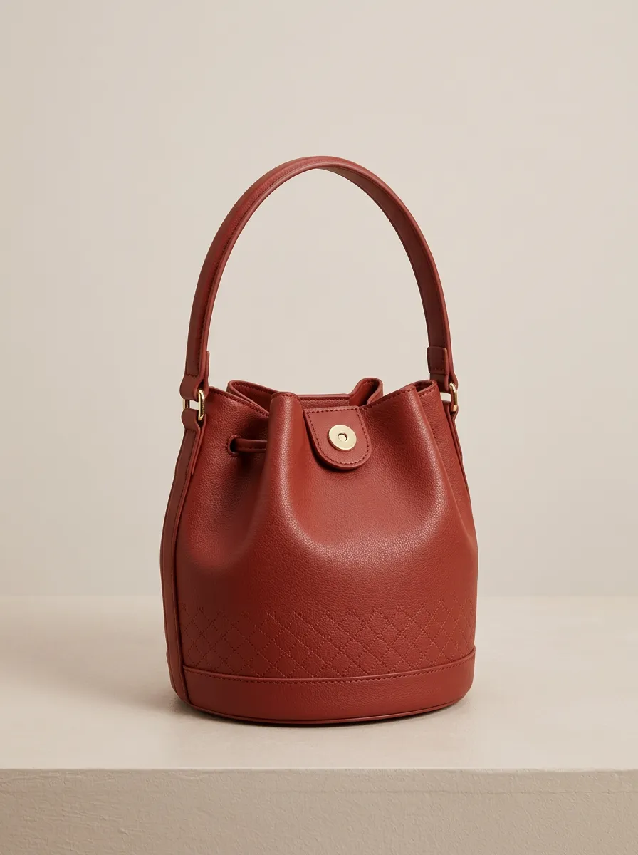 Women's Quilted Diamond-Quilted Drawstring Single-Handle Bucket Bag