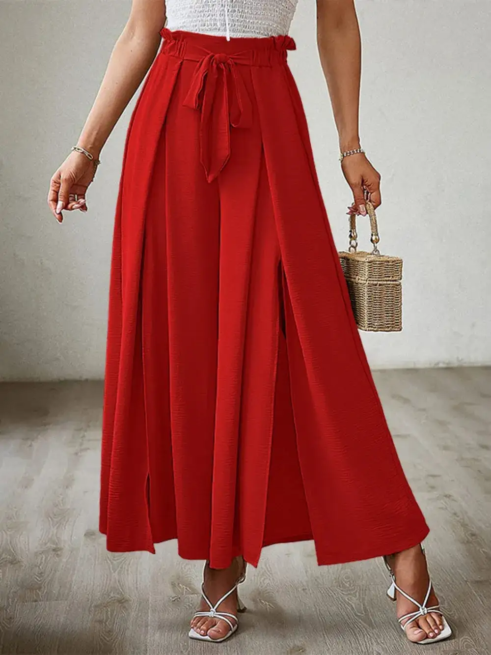 Wide Leg Tie Waist Slit Detail Casual Pants
