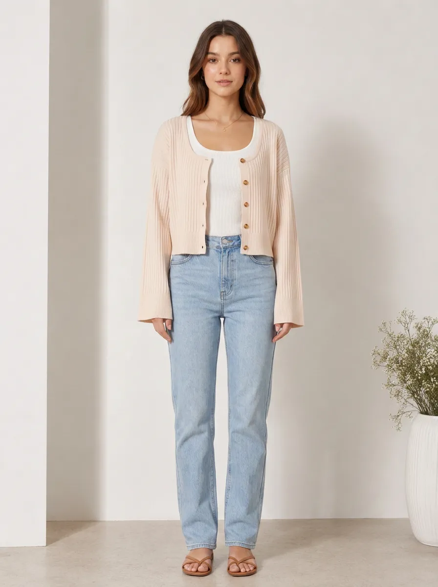 Women's Casual Beige Ribbed Button Down Knit Cardigan Top