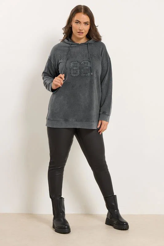 Charcoal Grey 'New York' Embroidered Slogan Hoodie detail 1