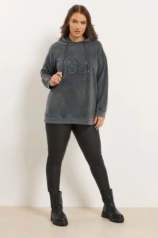 Charcoal Grey 'New York' Embroidered Slogan Hoodie