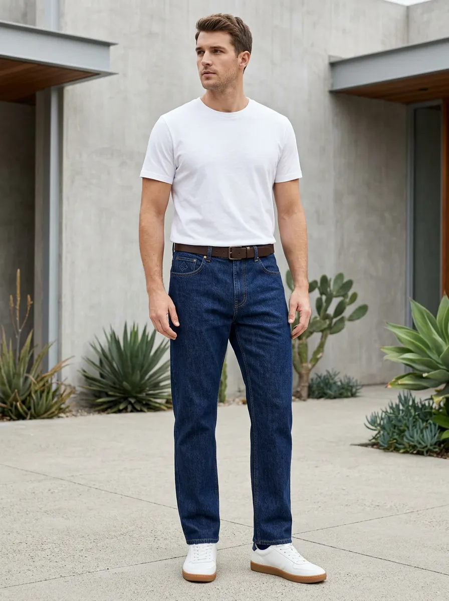 Men's Classic Dark Wash Embroidered Logo Straight Leg Jeans