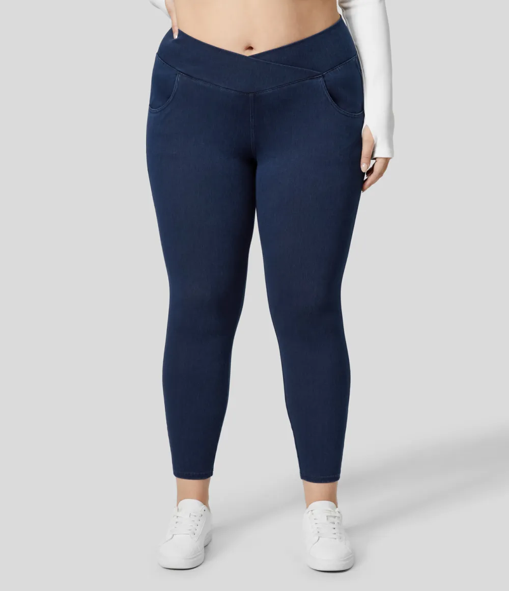 Magic High Waisted Crossover Multiple Pockets Stretchy Knit Denim 7/8 Plus Size Work Leggings