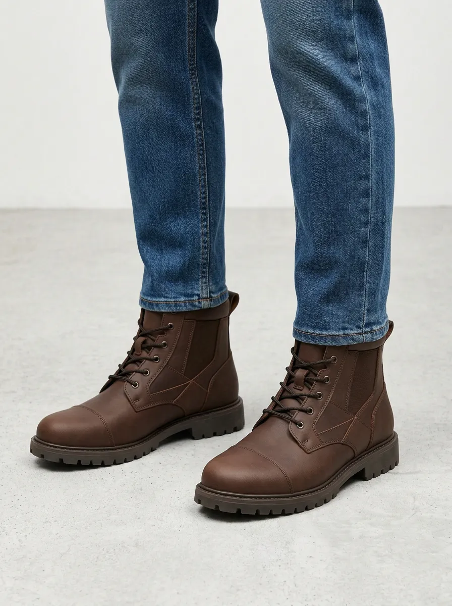 Unisex Leather Cap Toe Lace-Up Work Boots