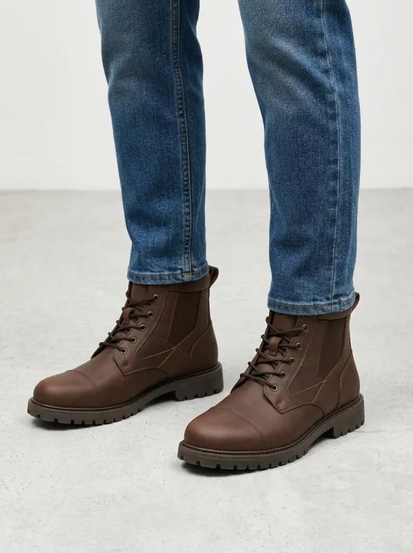 Unisex Leather Cap Toe Lace-Up Work Boots