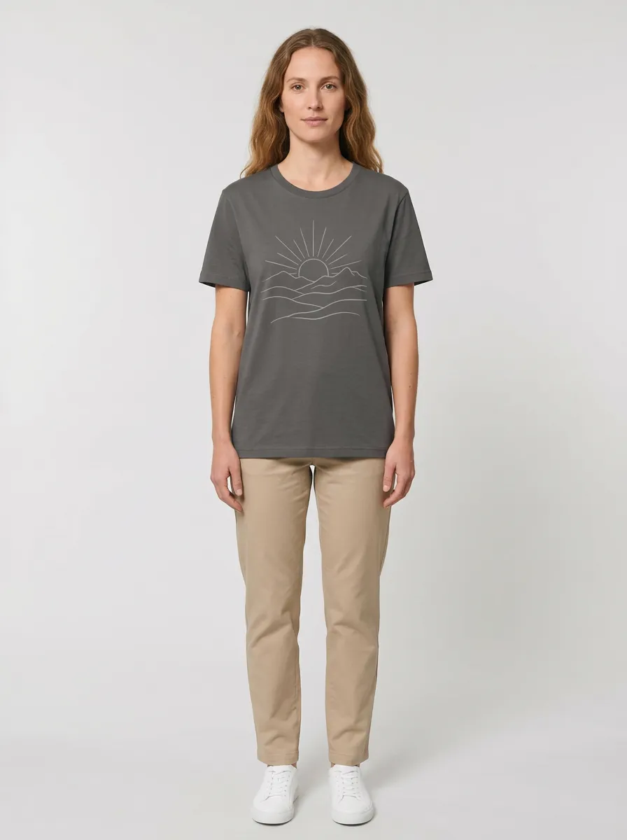 Women's Veterans Day Mountain Sunrise Line-Art Graphic Crewneck T-Shirt