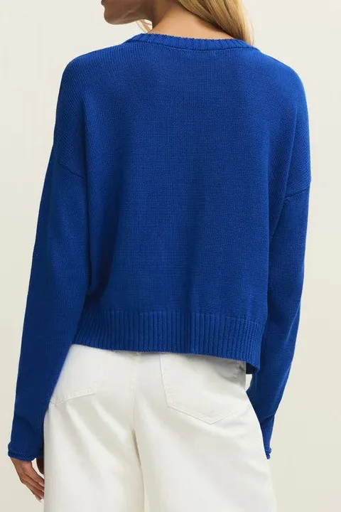 Blue Palm Tree Print Knit Sweater