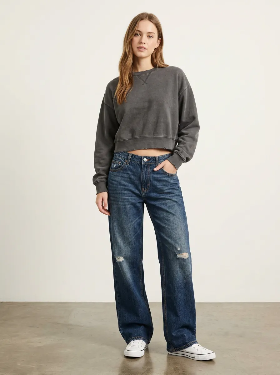 Women's Classic Casual Distressed Wide Leg Denim Baggy Jeans