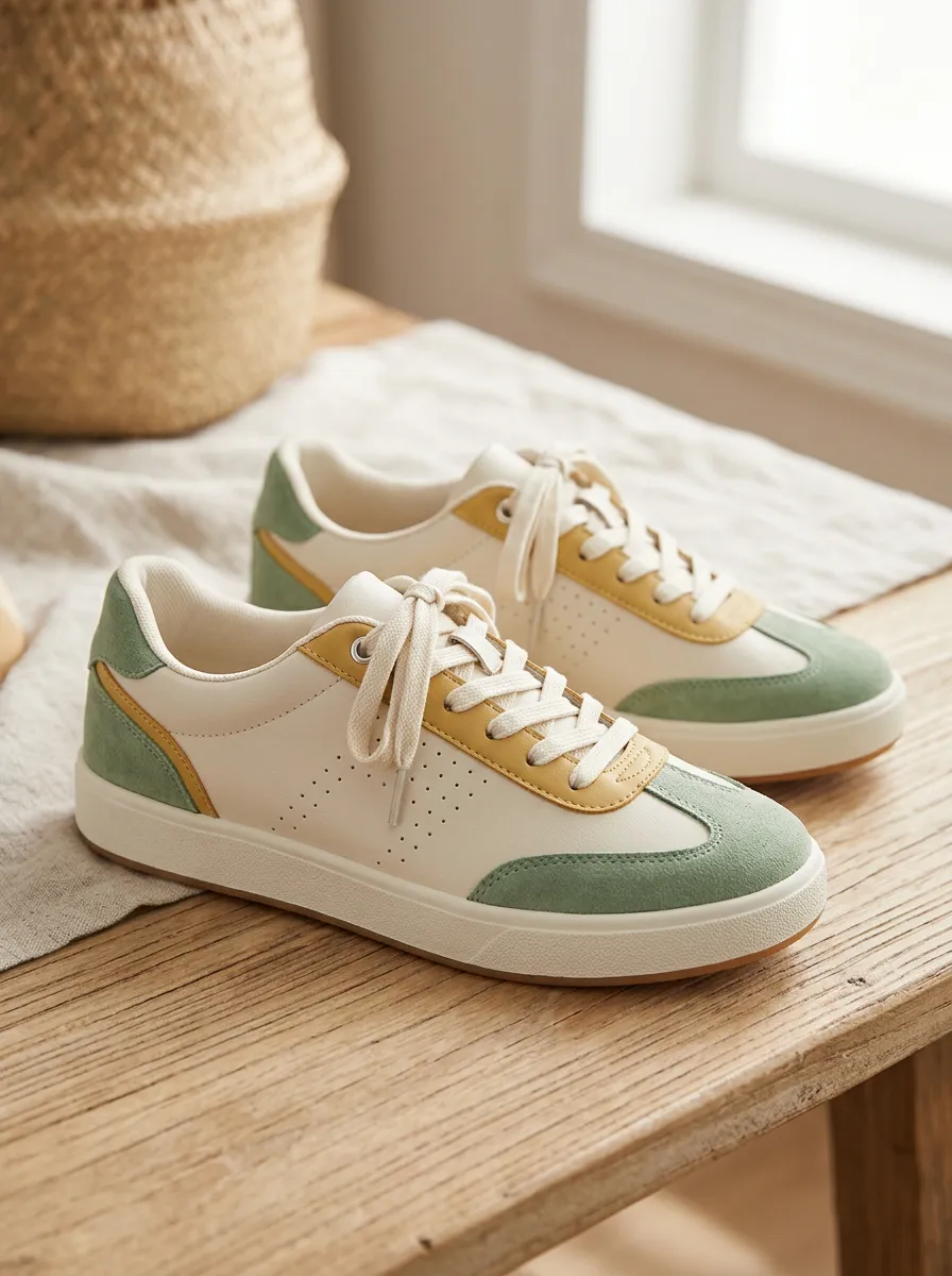 Women's Casual Sage Green and Yellow Colorblock Suede Printed Sneakers
