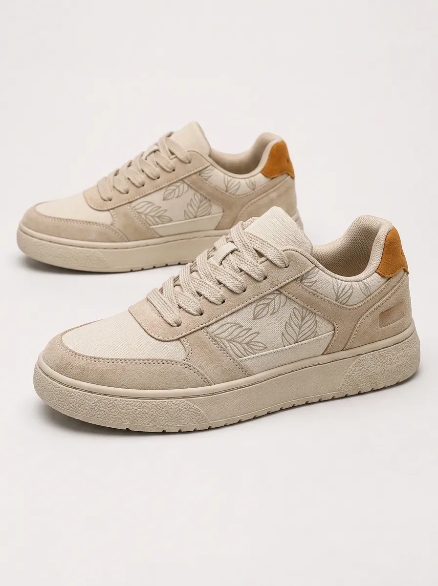 Men's Beige Botanical Leaf Printed Sneakers