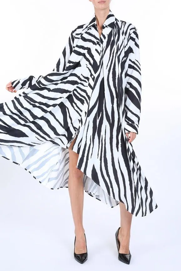 Modern Zebra Print Belted Satin Midi Shirt Dress