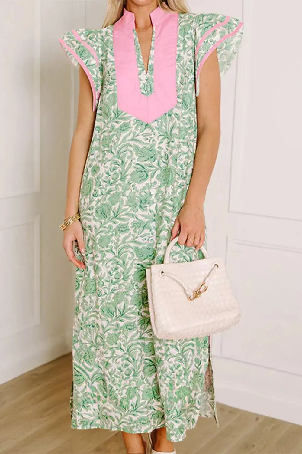 Contrast Trim Flutter Sleeve Midi Dress