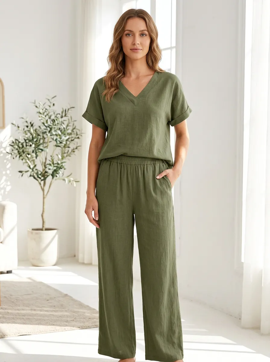 Minimalist Relaxed Women's V-Neck Casual Lounge Set