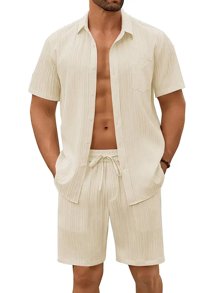 Casual Textured Shirt Shorts Vacation Set