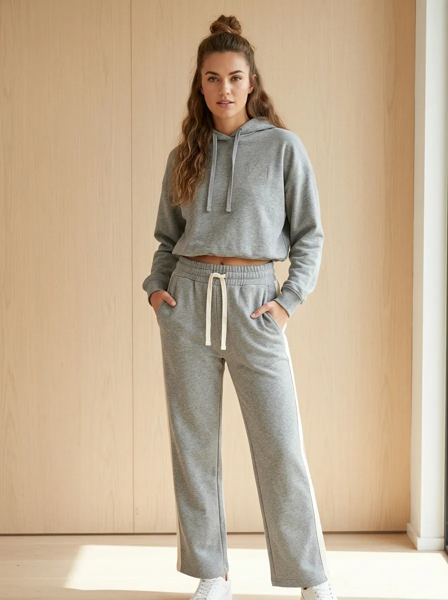 Women's Casual Sporty Logo Printed Crop Hoodie and Wide-Leg Track Pants Set