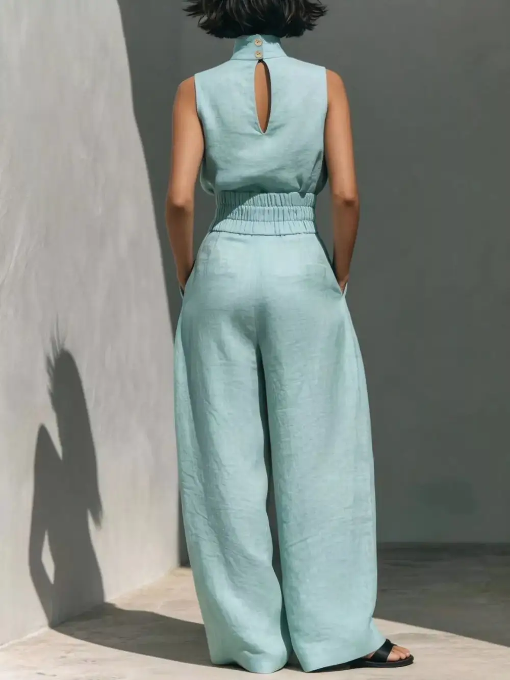 Turtleneck Sleeveless Top and Wide Leg Pants Set