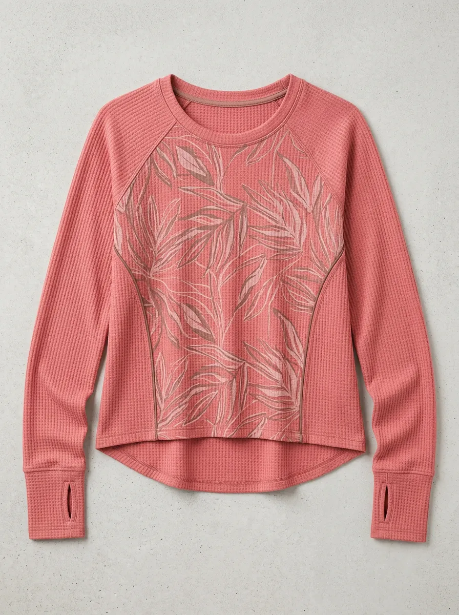 Women's Activewear Tropical Leaf Printed Waffle Knit Top