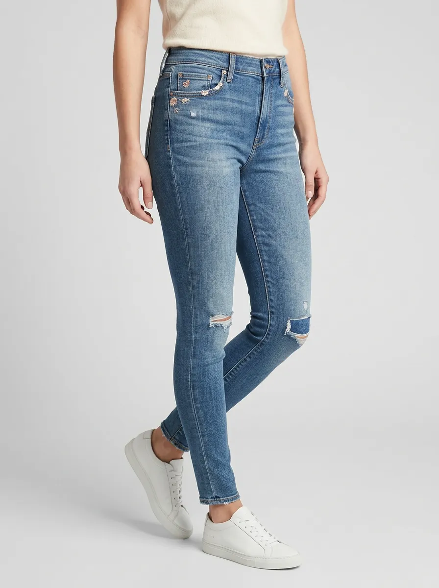 Women's Ridge Floral Embroidered Distressed Printed Slim Jeans