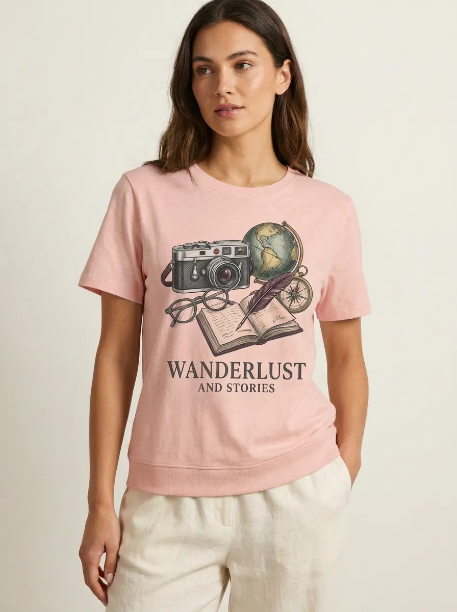 Women's Travel Wanderlust Camera Globe Graphic T-Shirt