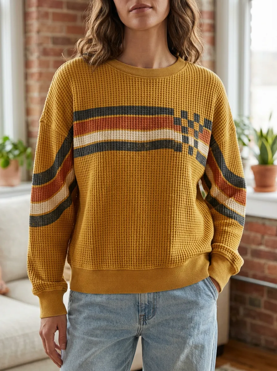 Women's Retro Striped Pattern Waffle Knit Printed Sweatshirt