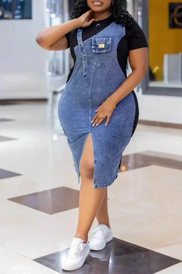 Denim Patchwork Colorblock Fake Two-Piece Midi Dress