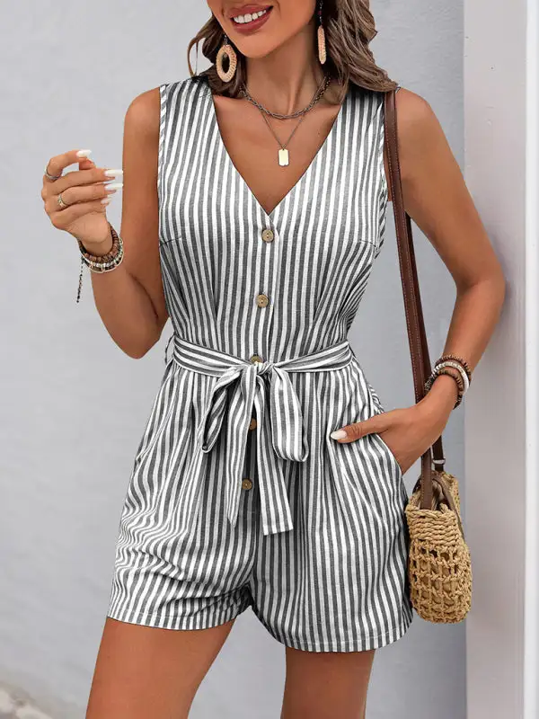 V Neck Sleeveless Striped Jumpsuit
