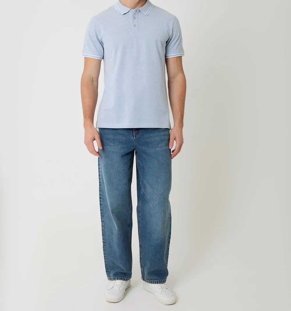 Men's Denim Blue Two Tone Cotton Piqué Polo Shirt