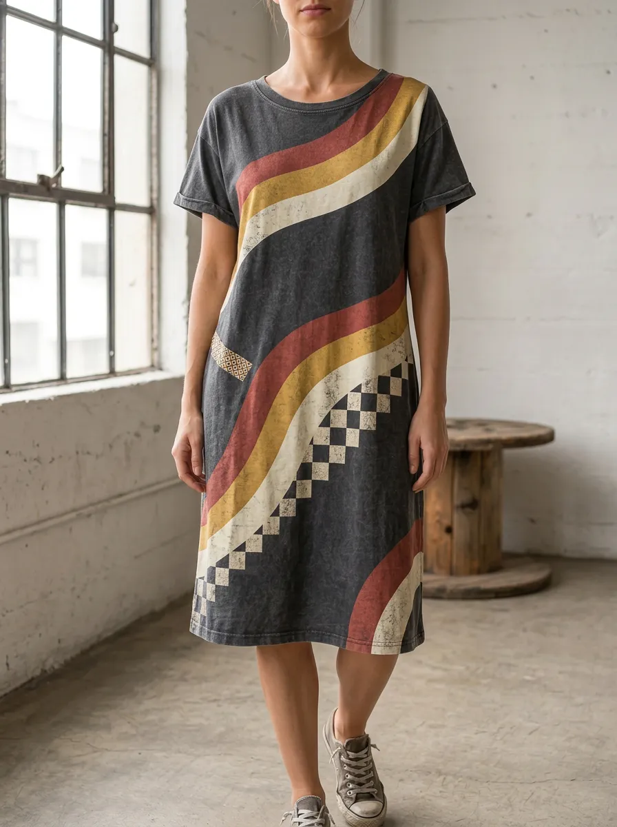 Women's Retro Vintage Stripe Checkerboard Printed Dress