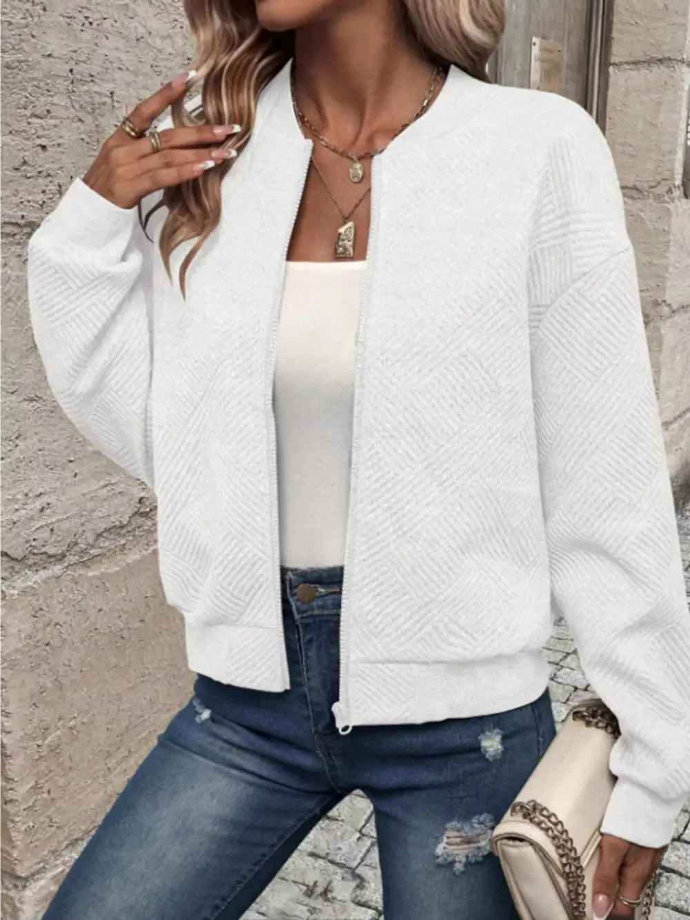 Textured Knit Zip-up Bomber Jacket