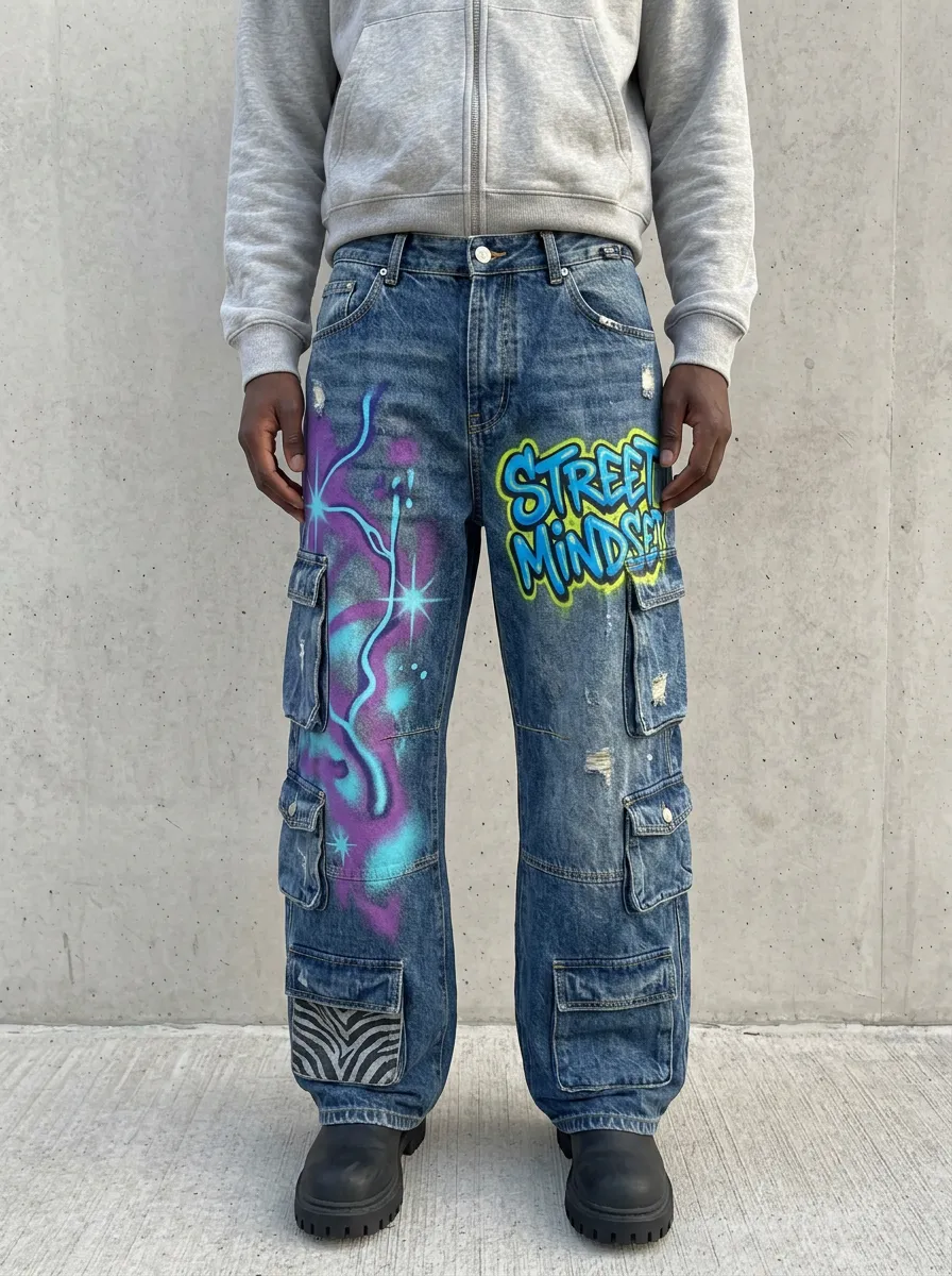 Men's Streetwear Graffiti Street Mindset Graphic Cargo Jeans