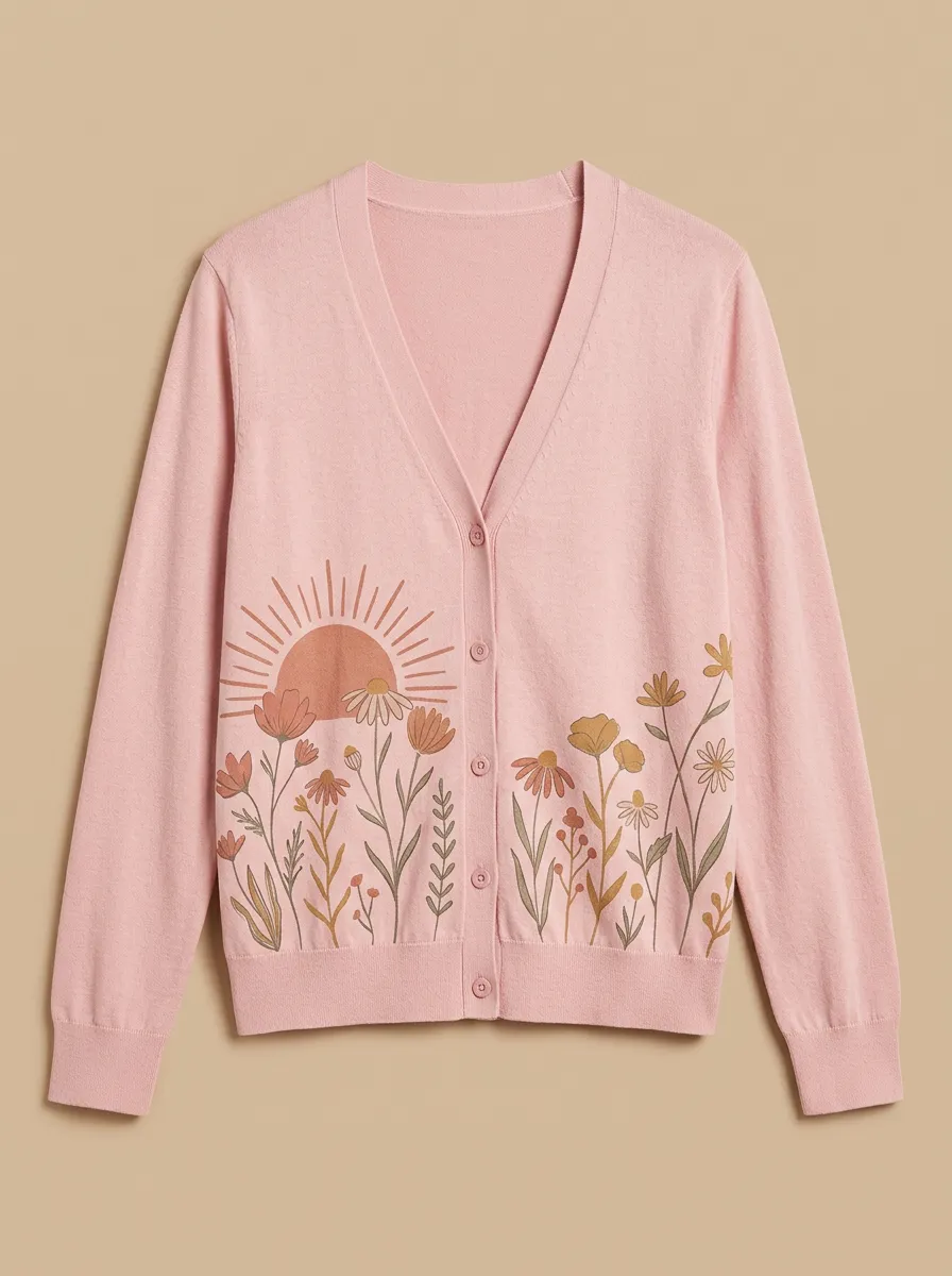 Women's V-Neck Button-Front Graphic Floral Ribbed Cardigan