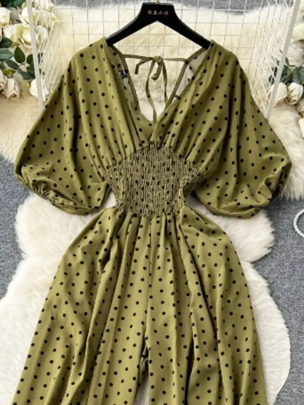 Smocked V Neck Wide Leg Jumpsuit