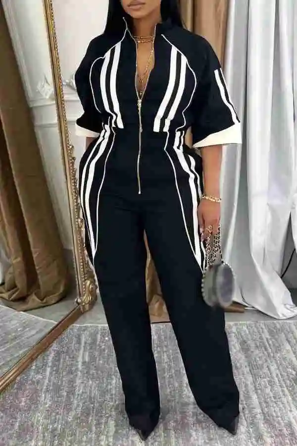 Zip-Front Stand Collar Drop-Shoulder Sleeve Jumpsuit
