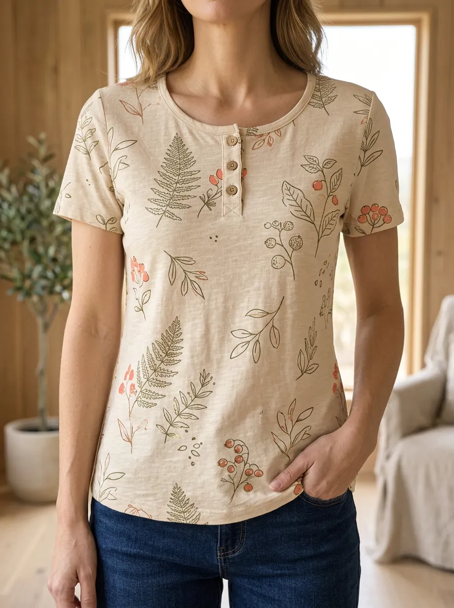 Women's Botanical Nature Lover Fern Berry Printed Henley T-shirt