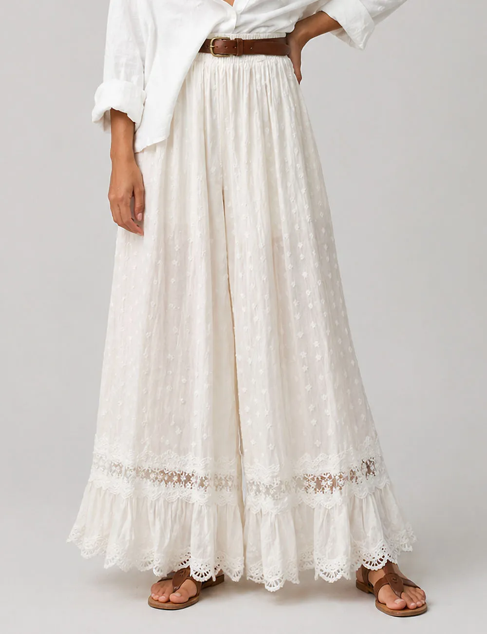 Floral Embroidery Lace Hem Wide Leg Pants