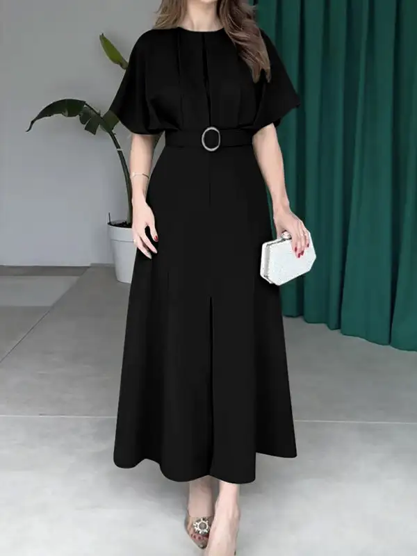 Split Pleated Sleeve Neck Maxi Dress
