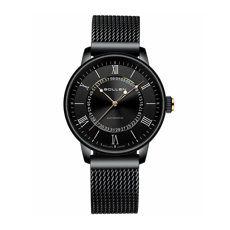 Sollen SL201 Men's Skeleton Automatic Mechanical Watch - 42mm Stainless Steel Case Double-Layer Dial Luminous Hands Mesh Bracelet Wristwatch